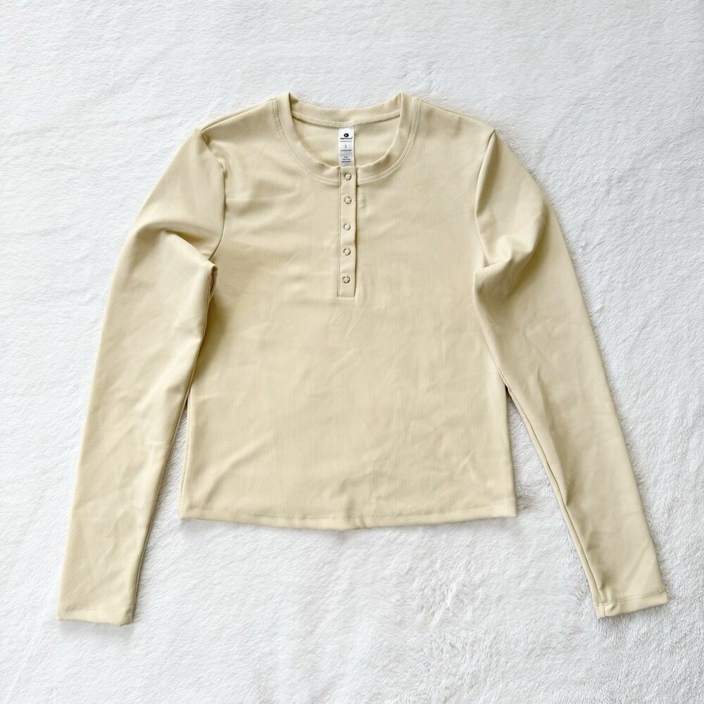 90 Degrees by Reflex Women’s Ribbed Henley Long Sleeve Top Cream Large